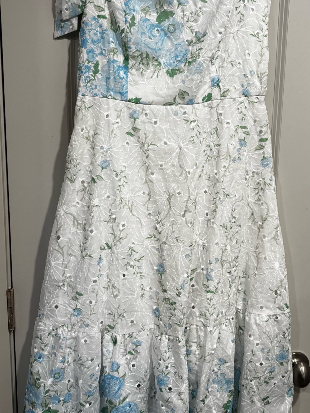 White Eyelet Floral Maxi Dress with Blue Roses